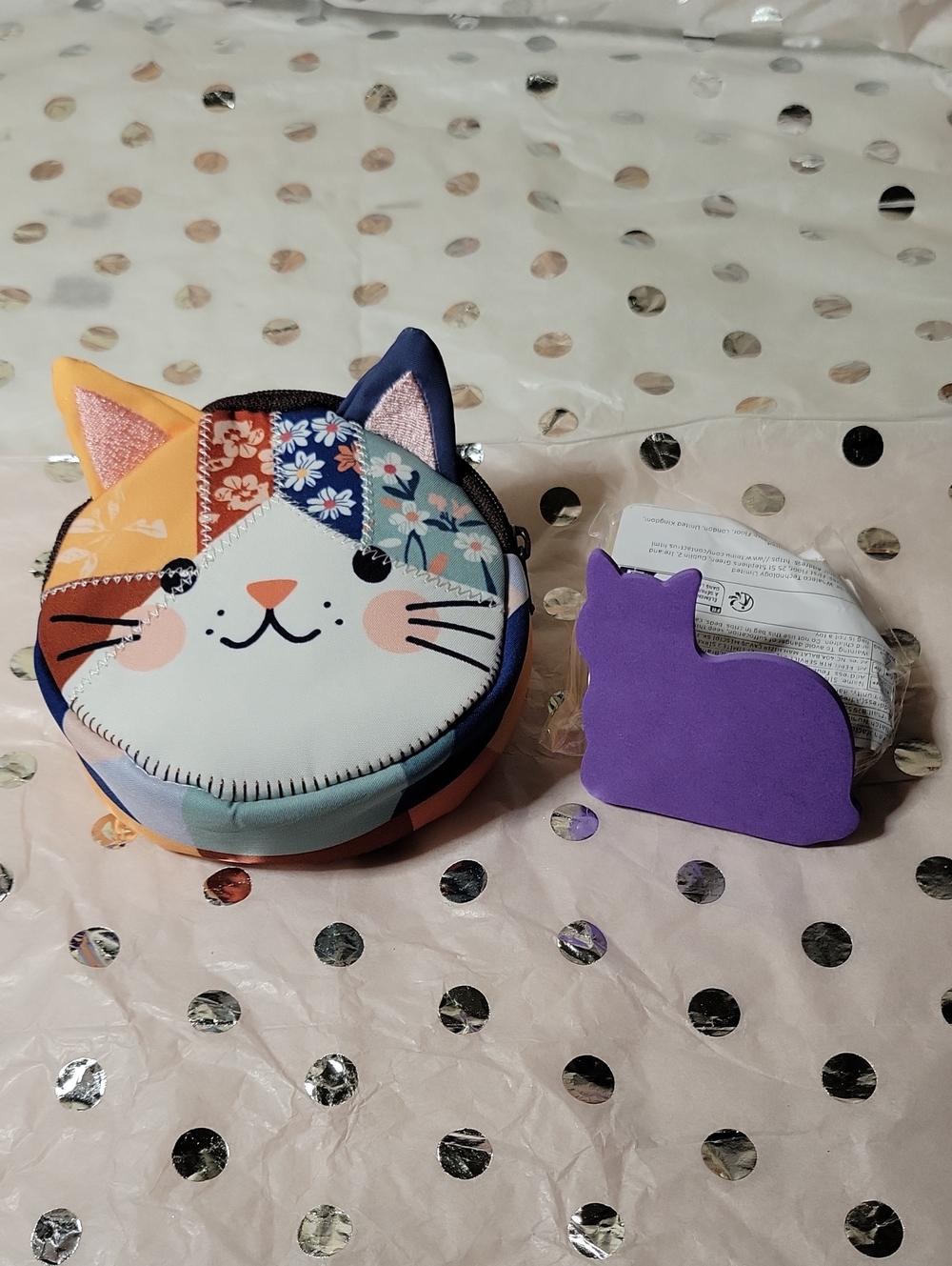 Cute Patchwork Cat Coin Purse -meow Sticky Notes Purple/Orange Accents